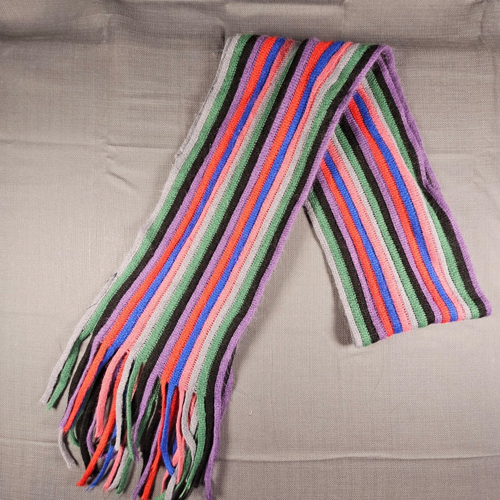 Vintage Style Multi Color Striped Silk Feel Acrylic‎ Knit Fringe Scarf Rainbow